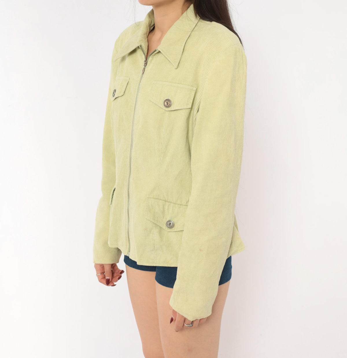 Y2K Rubbish Sage Corduroy Jacket Pointed Collar Four Pocket Mint Green Large L