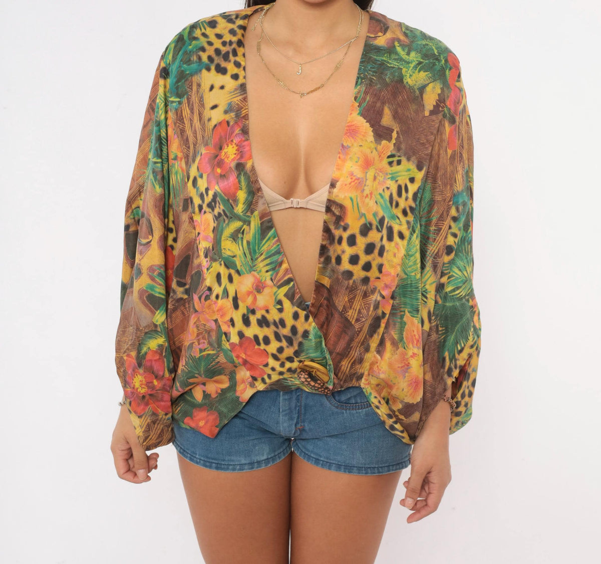 90s Silk Kimono Jacket Tropical Leopard Print Yellow Green Small