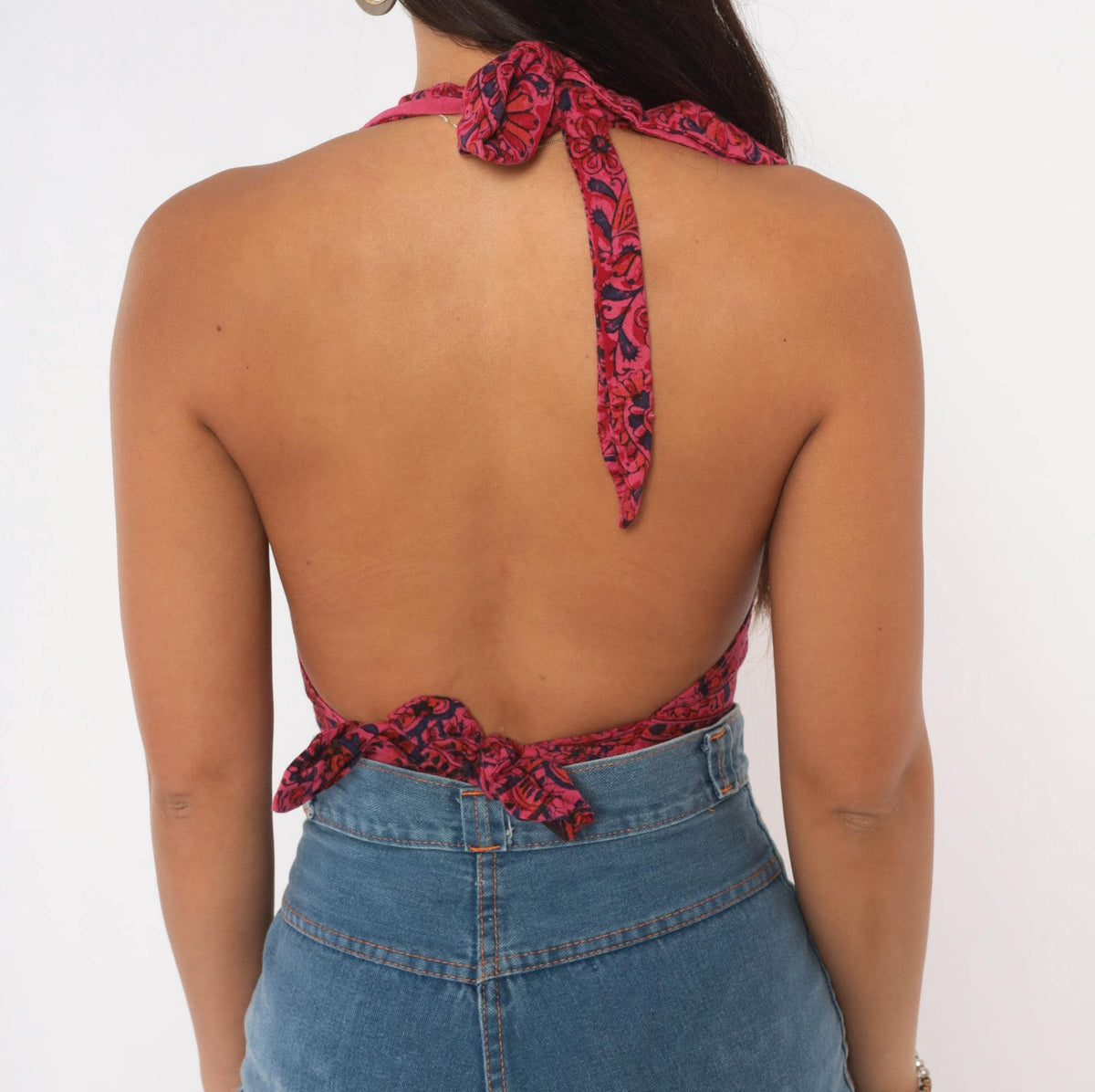 70s Pink Paisley Halter Crop Top Deep V Neck Backless Cotton Small