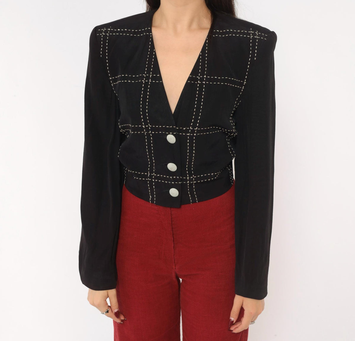 90s Karen Kane Cropped Blazer Black White Grid Stitch V-Neck Extra Small XS