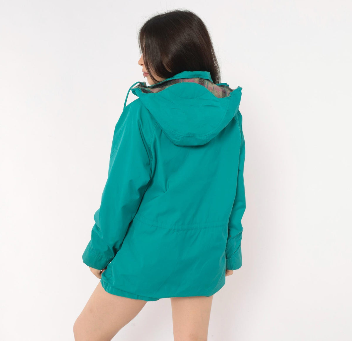 80s Woolrich Teal Hooded Parka Plaid Lined Windbreaker Small