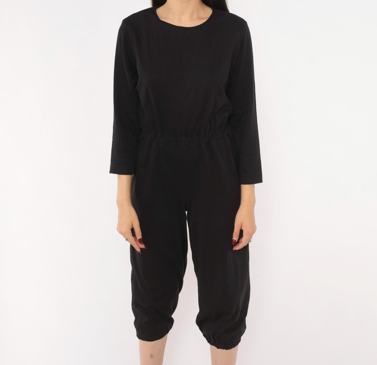 80s Black Jumpsuit Cropped Leg Three Quarter Sleeve Scoop Neck Small