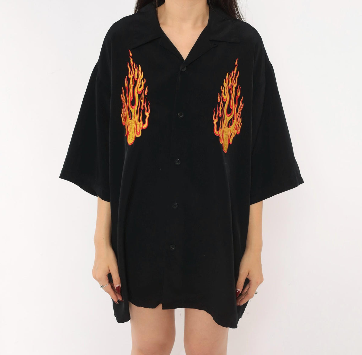 2000s Silver Point Black Bowling Shirt Flame Embroidered Camp Collar Extra Large XL