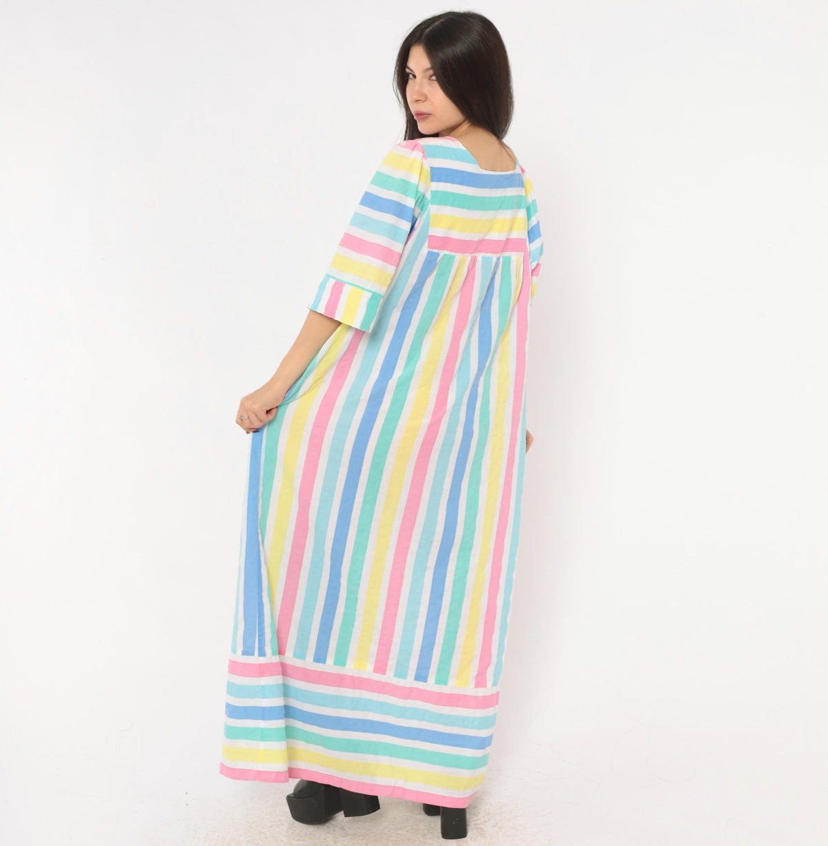 80s Saybury Pastel Striped Maxi Dress Square Neck Empire Waist Extra Large