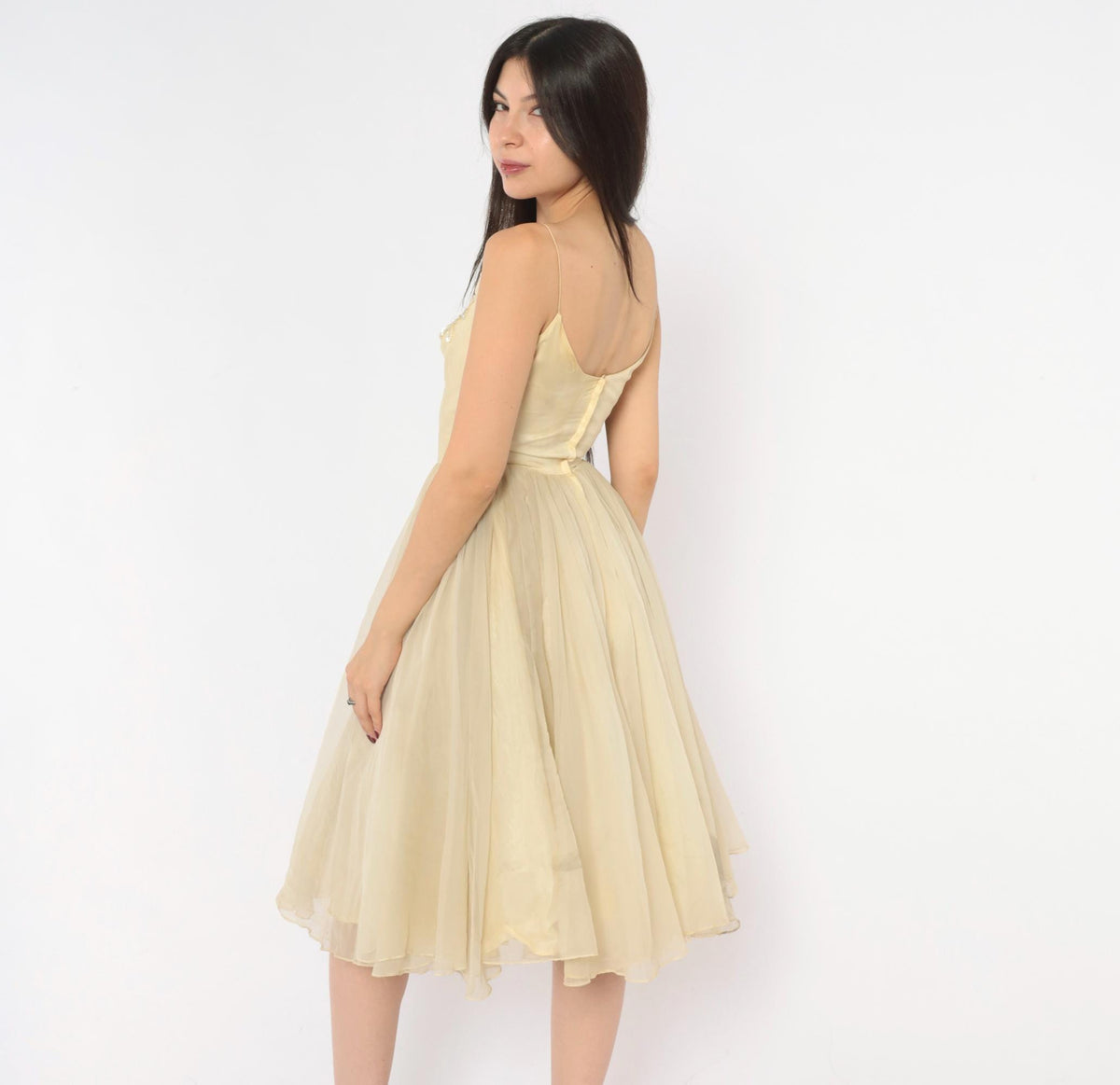 1950s Cream Sequin Floral Party Dress Full Skirt Chiffon Extra Small XS
