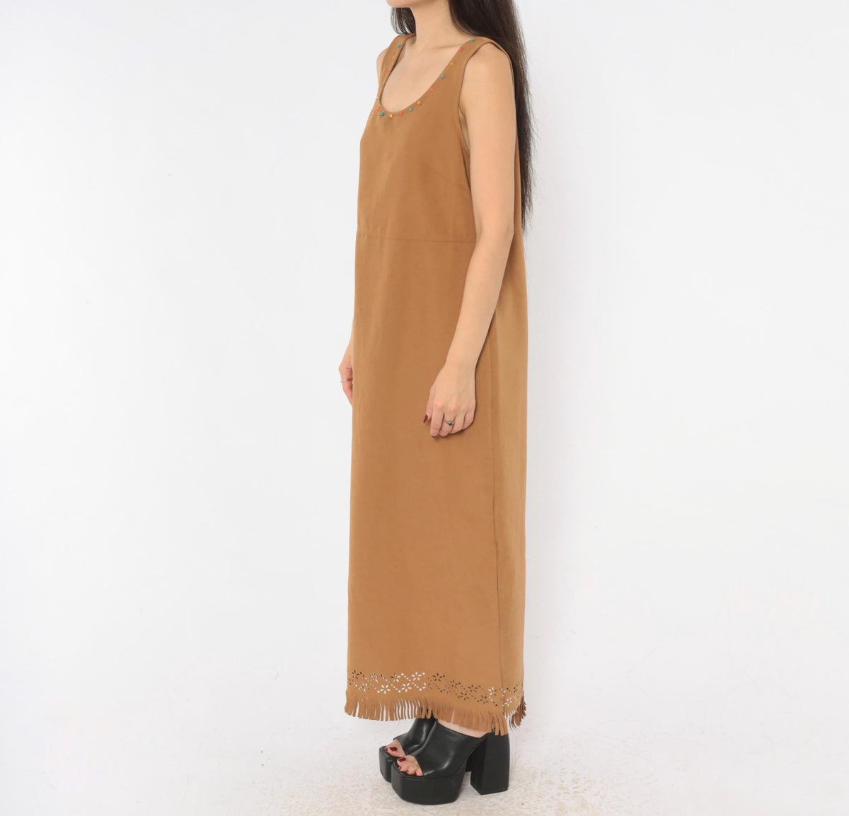 Jessica Howard 2000s Tan Faux Suede Maxi Dress Beaded Scoop Neck Fringe Medium M