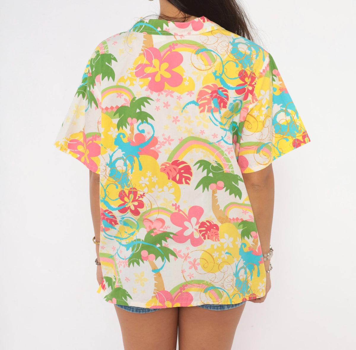 Y2K Barefoot Paradise Hawaiian Shirt White Cotton Camp Collar Tropical Print Extra Large XL