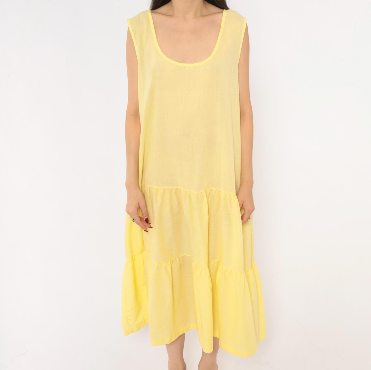 90s Butter Yellow Tiered Midi Sundress Anne Leslie Plus Scoop Neck XXL