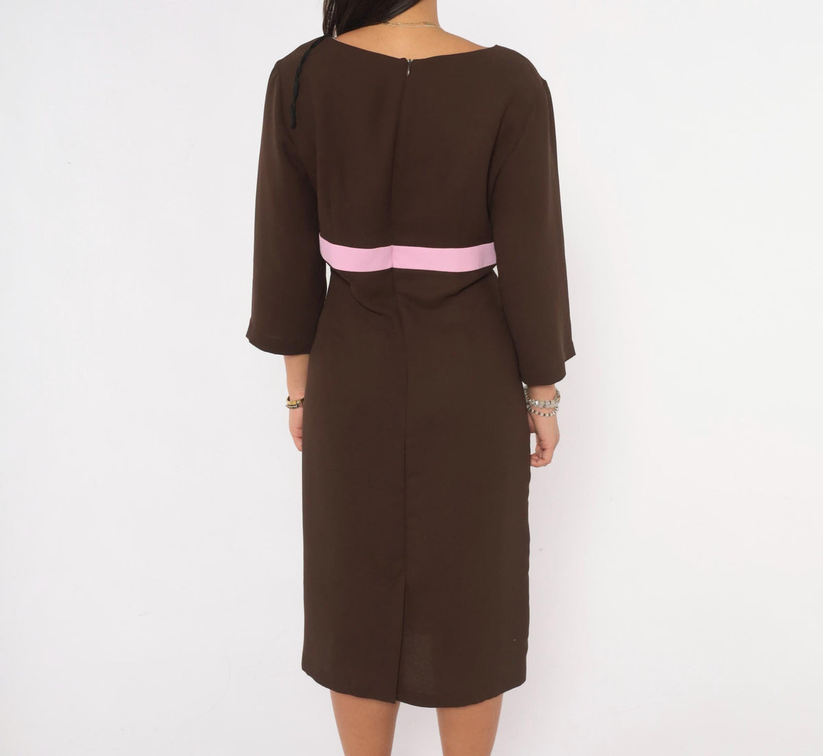 Y2K Robbie Bee Brown Midi Dress Pink Bow Belt V-Neck Empire Waist Large L
