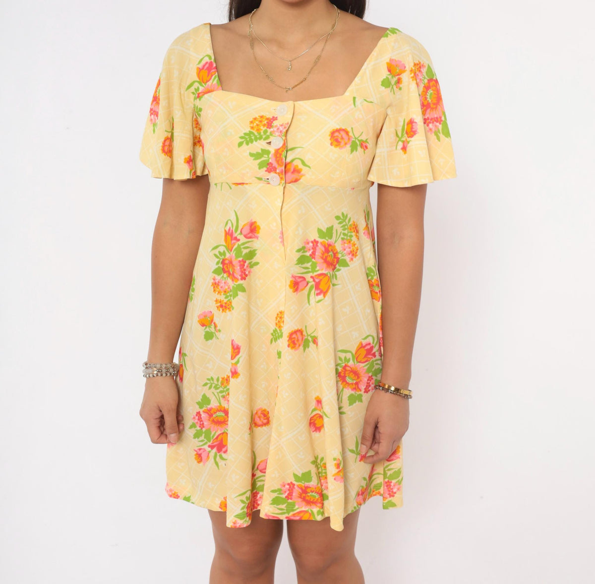 70s Floral Mini Dress Yellow Pink Flutter Sleeve Empire Waist Extra Small XS