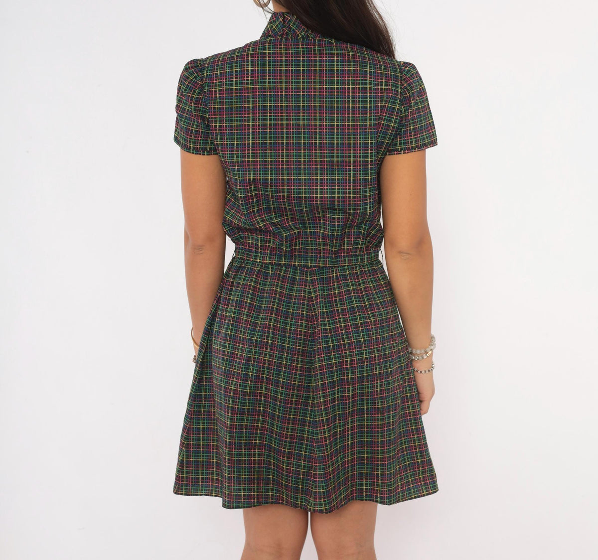 70s Plaid Dress Black Pink Green Yellow Check Ruffle Mock Neck Puff Sleeve Small