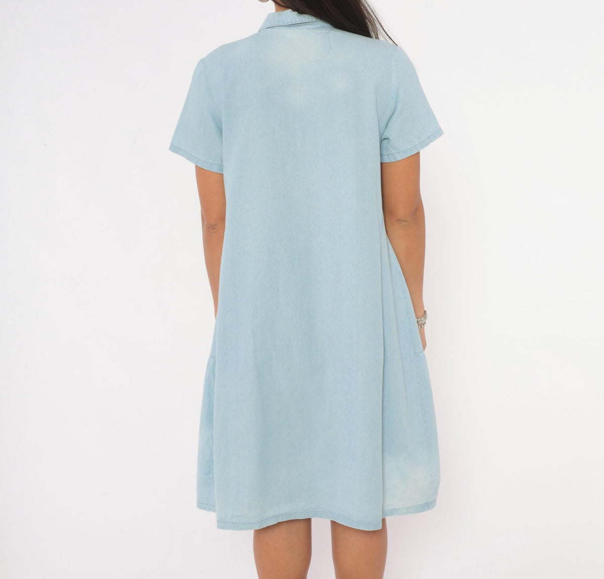90s Light Blue Chambray Denim Shirt Dress Tiered Knee-Length Cotton Small S
