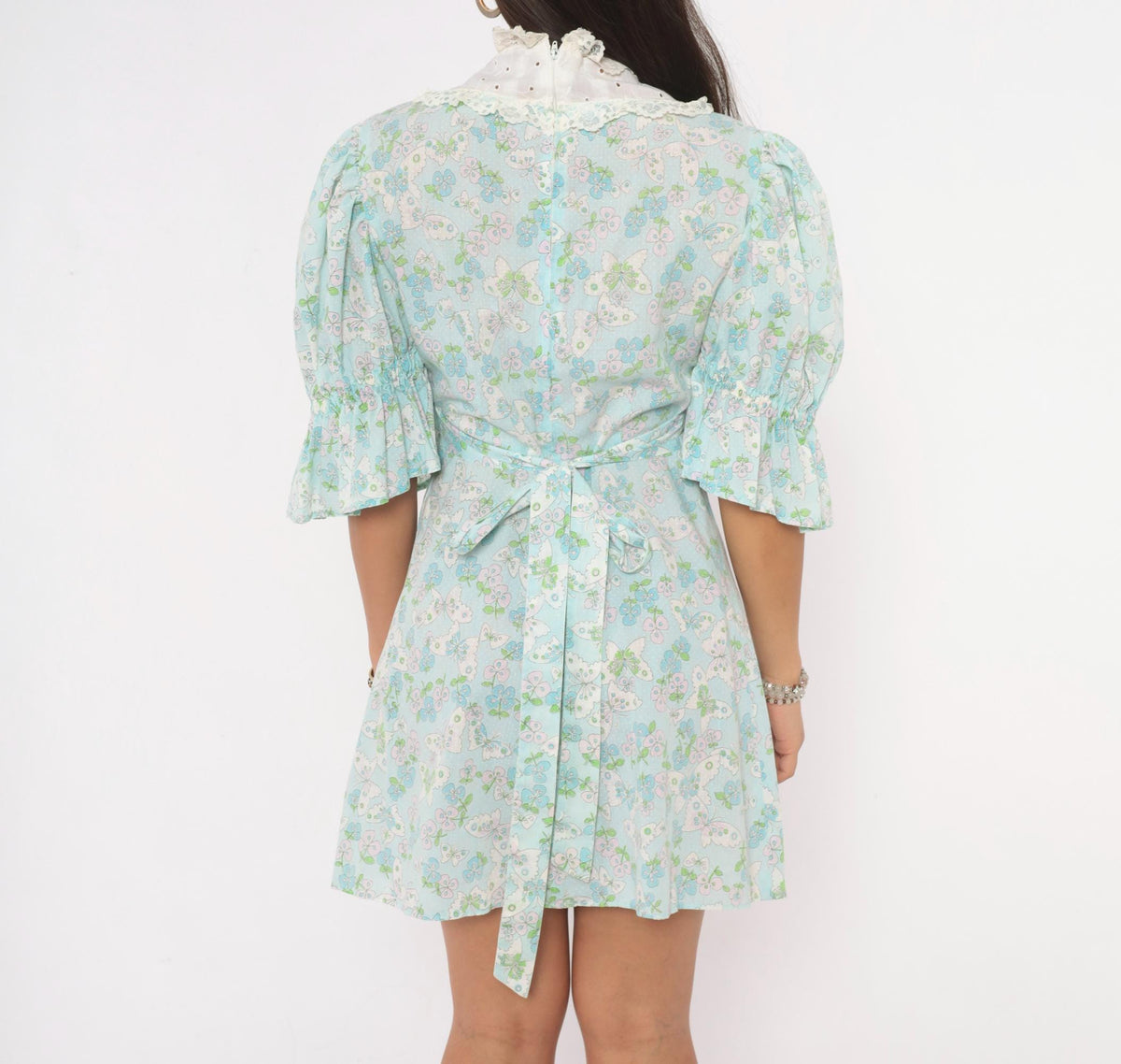 70s Light Blue Butterfly Print Cotton Dress Puff Sleeve Eyelet Lace Yoke Small