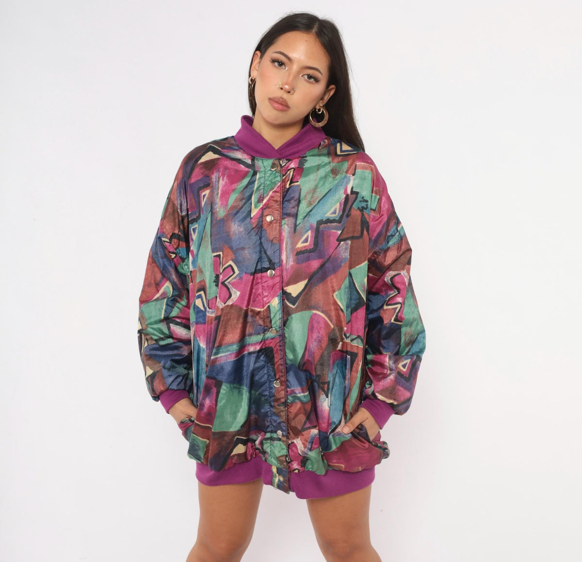 80s Abstract Reversible Bomber Jacket Purple Green Geometric Snap Front Medium