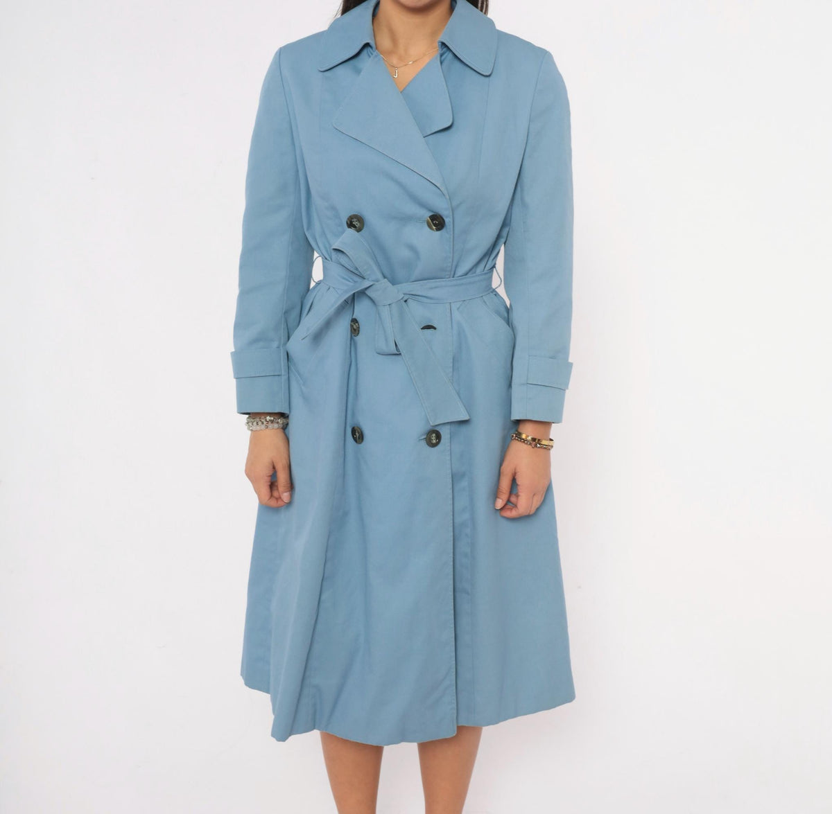 70s Aquascutum Light Blue Trench Coat Double Breasted Cotton Small