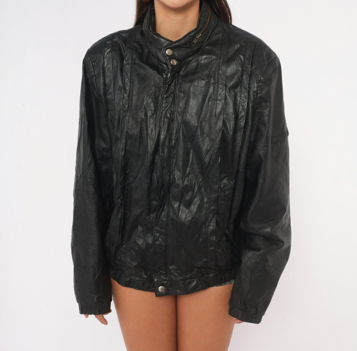 90s Black Leather Bomber Jacket Golden Collection Raffaelo Moto Boxy Medium