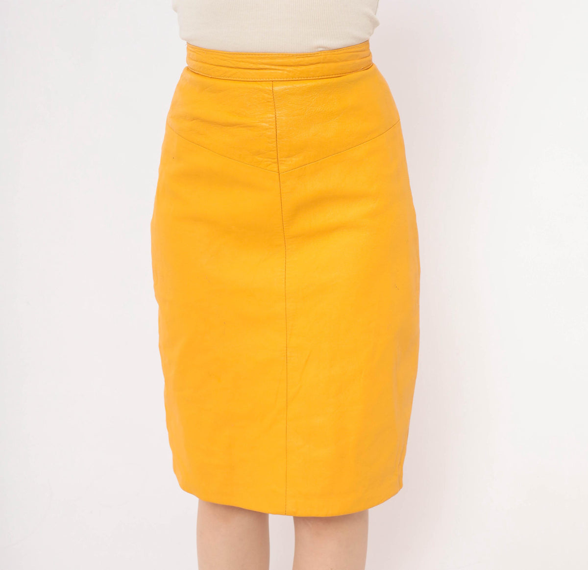 90s Forenza Mustard Yellow Leather Pencil Skirt High Waist Knee Length Extra Small XS