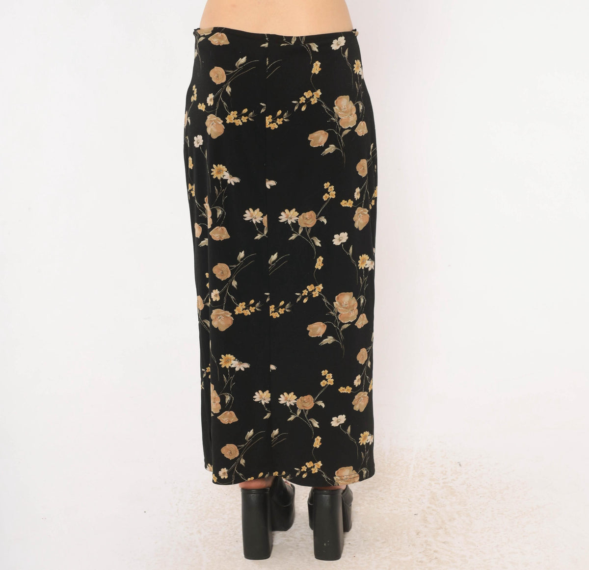 90s Black Floral Skirt Ankle Length Straight Daisy Rose Print Large L