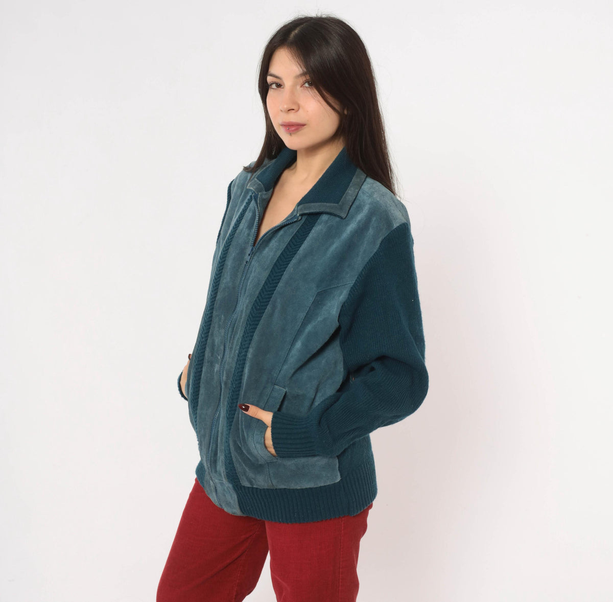 80s Mervyn's Navy Blue Suede Leather Cardigan Knit Zip Jacket Large