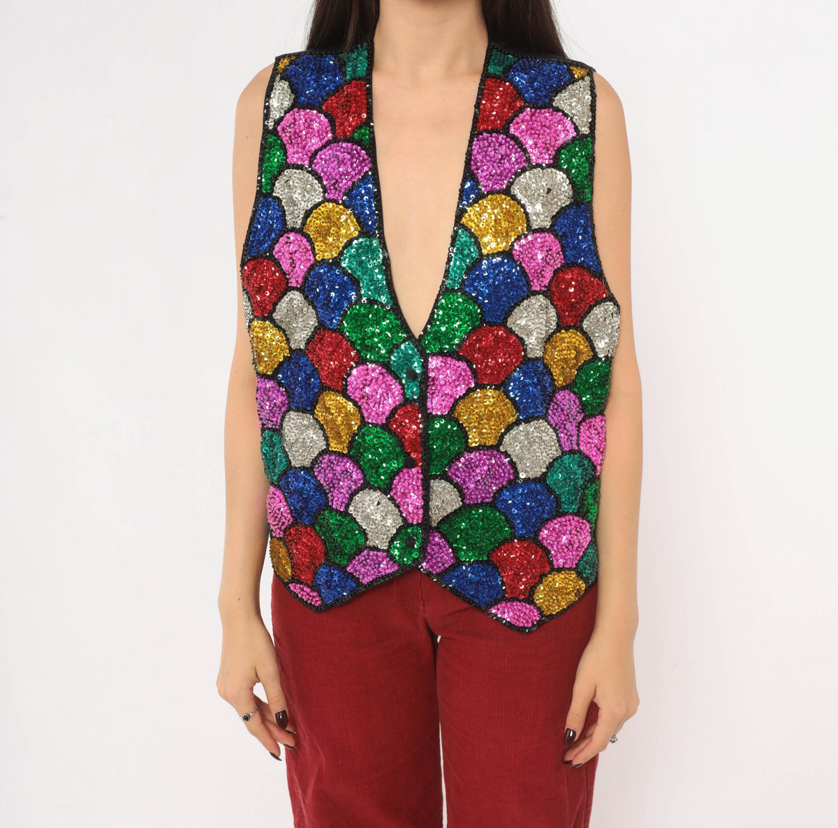90s Ana Mori Rainbow Sequin Vest Multicolor Mosaic Scale V-Neck Large L
