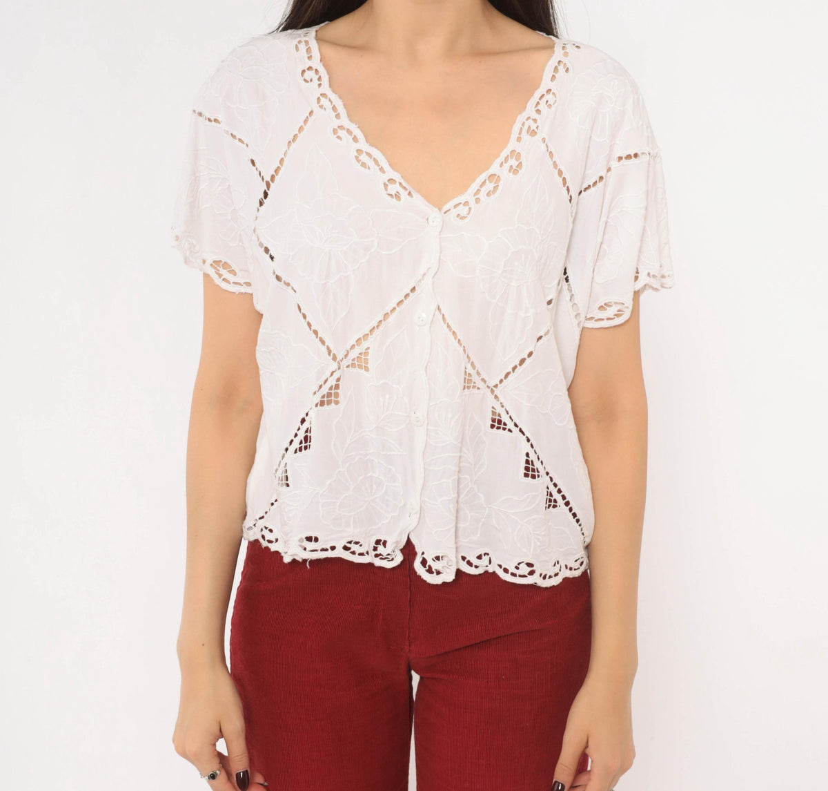 90s Hibis White Cutwork Eyelet Blouse Embroidered Floral Flutter Sleeve Large