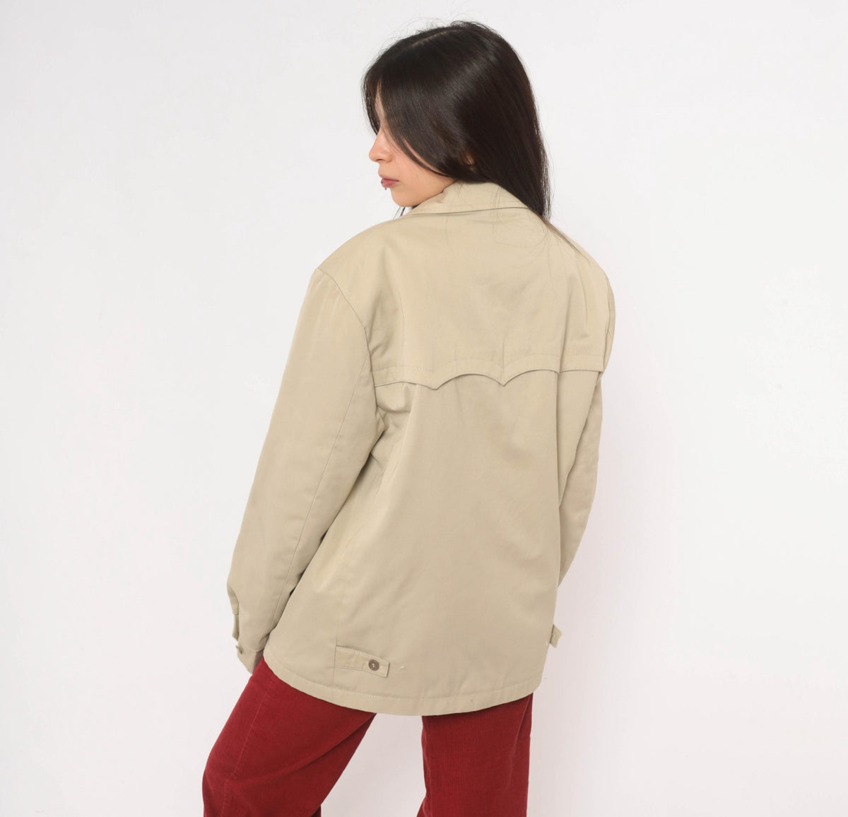 80s Sears Beige Harrington Jacket Western Yoke Pointed Collar Unisex Large