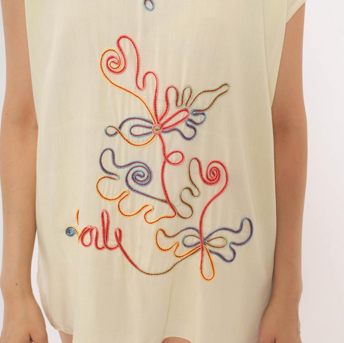 Y2K Cream Blouse Rainbow Soutache Embroidered Floral Cap Sleeve Medium M