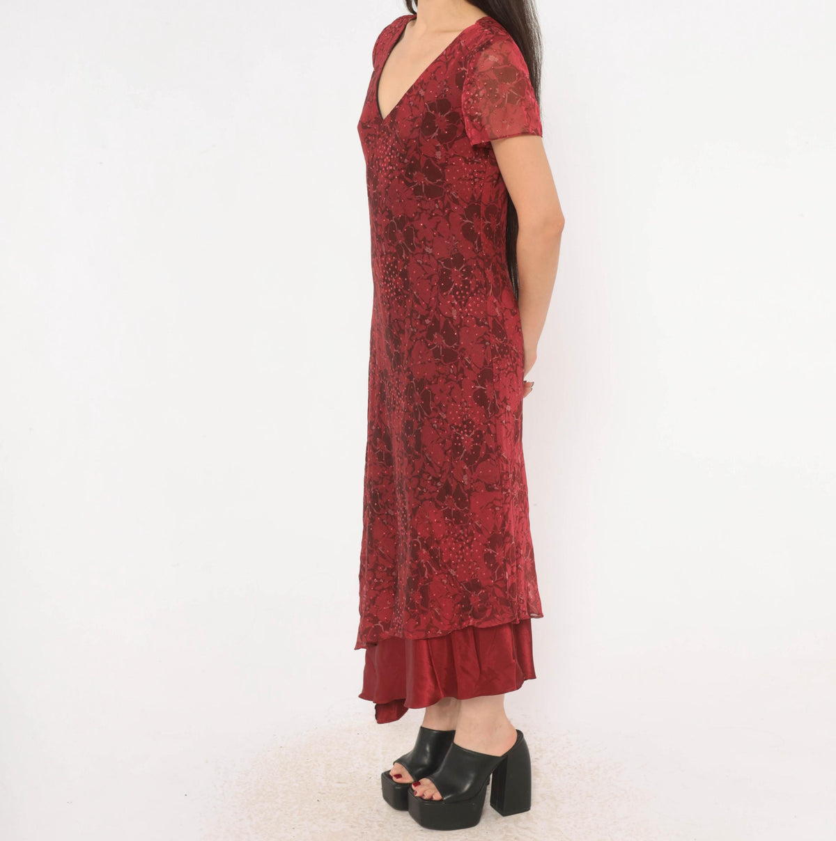 90s Burgundy Floral Midi Dress Positive Attitude Flutter Sleeve Wine Red Medium M