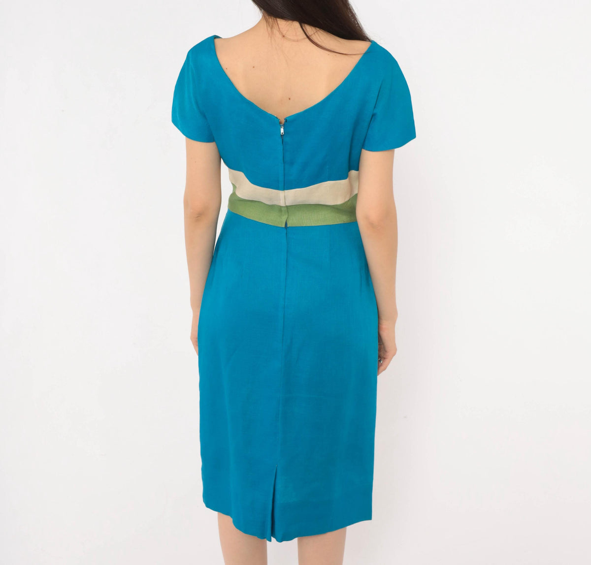 60s Teal Linen Sheath Dress Color Block Cream Olive Boat Neck Small