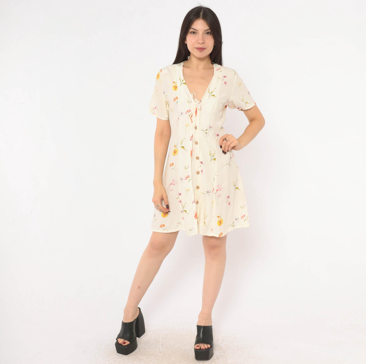 90s Wag Girls Floral Dress Cream Ditsy Print Tie Front Knee Length Extra Small XS