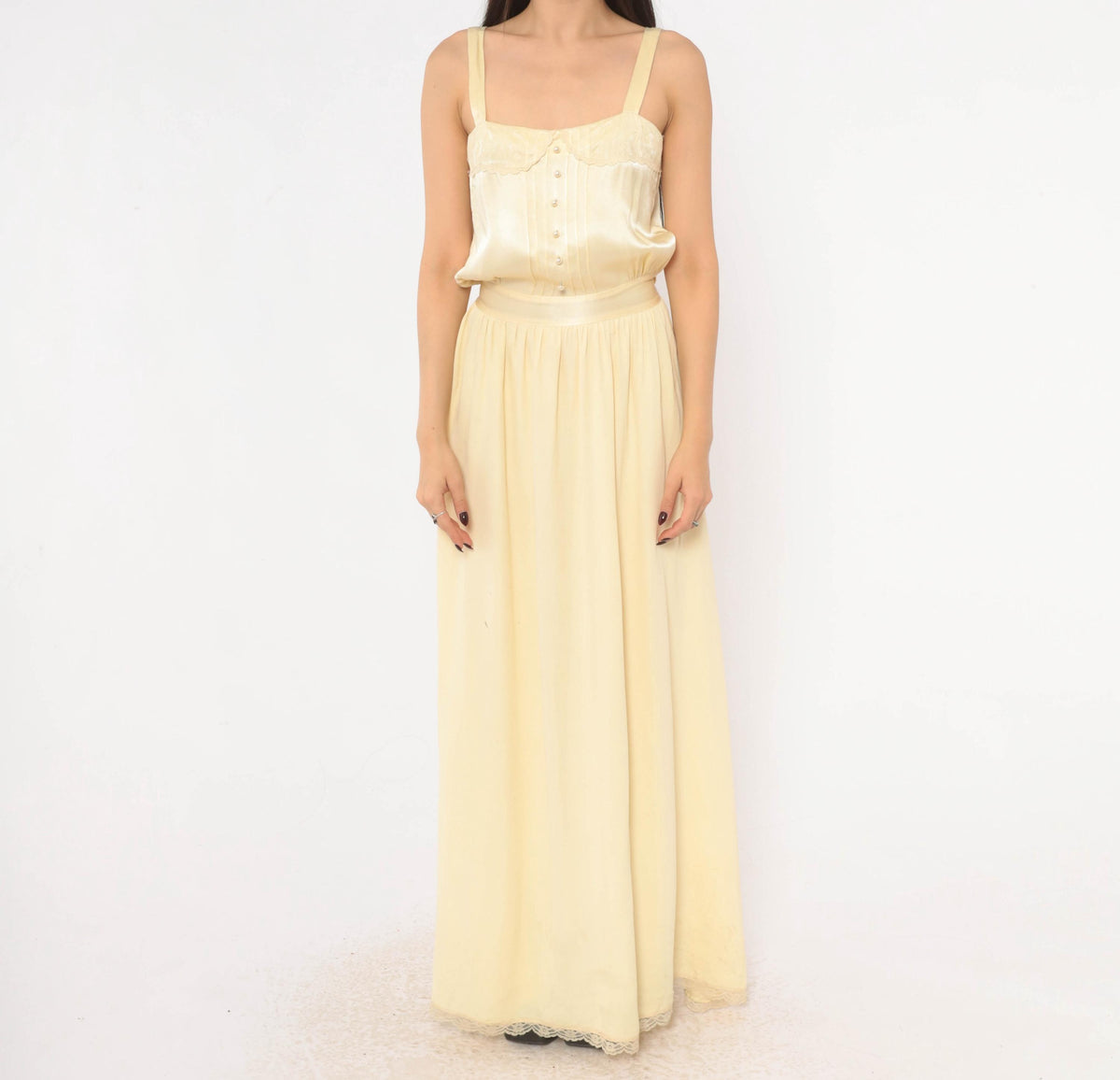 70s Gunne Sax Maxi Dress Cream Satin Lace Pearl Button Spaghetti Strap Medium M