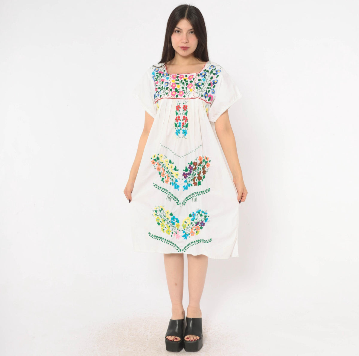 90s Mexican Embroidered Cotton Dress White Floral Puff Sleeve Square Neck Small