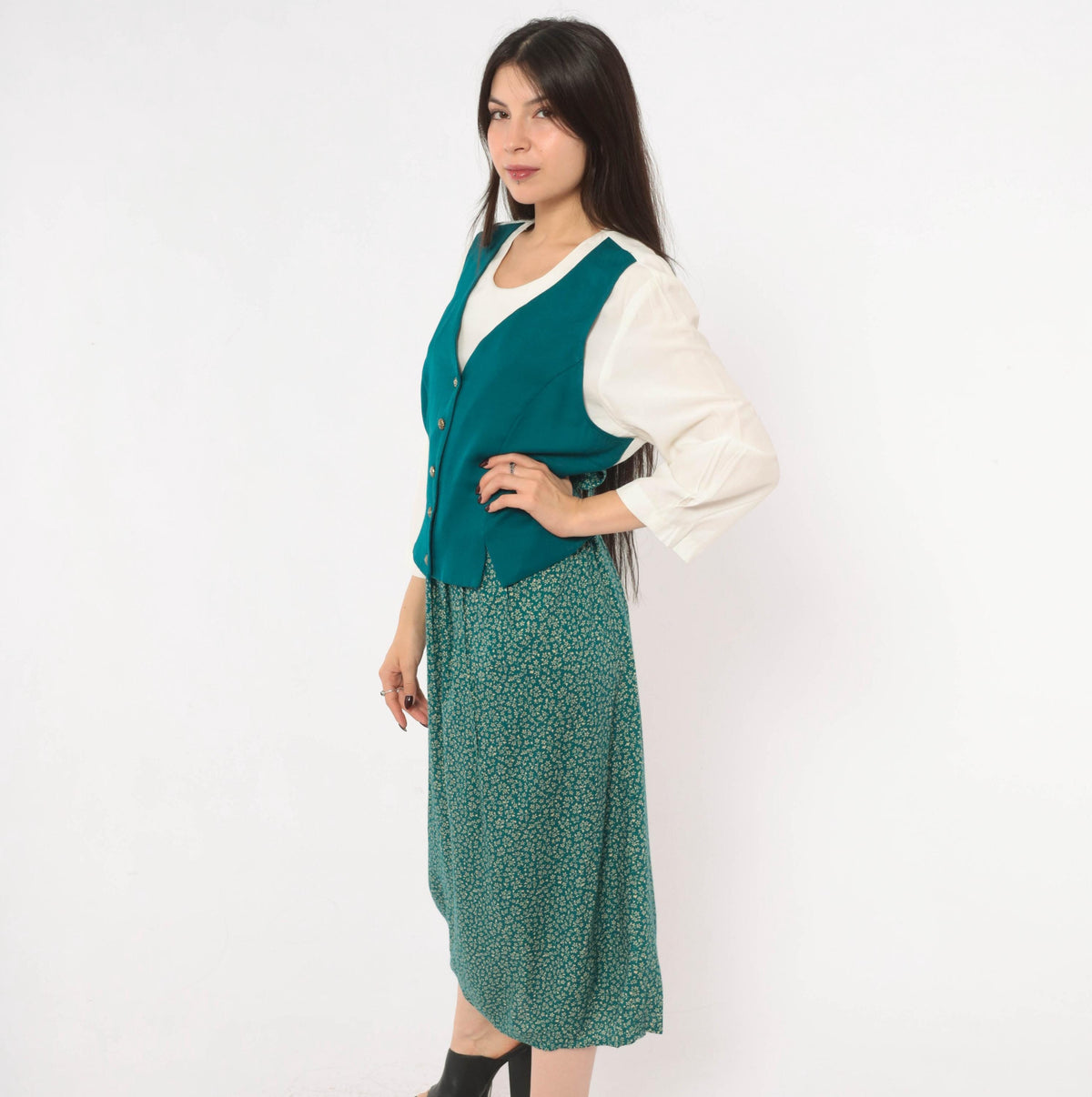 90s Olivia Rose Ditsy Floral Midi Dress Teal Green Vest Bodice Large L