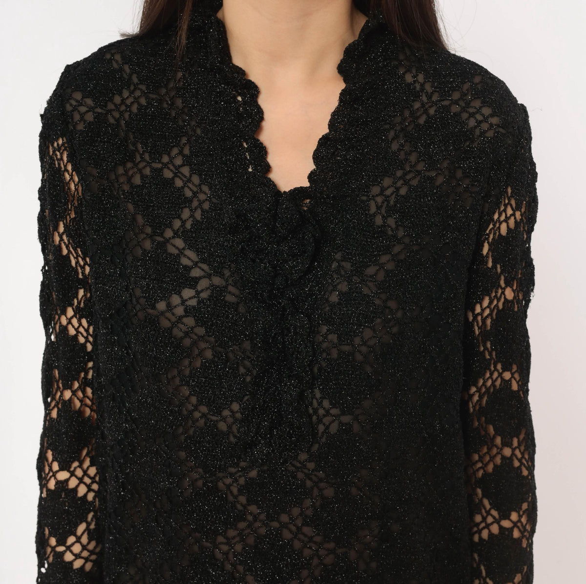 70s Black Crochet Lace Dress Metallic Sparkle Long Sleeve Knee-Length Small