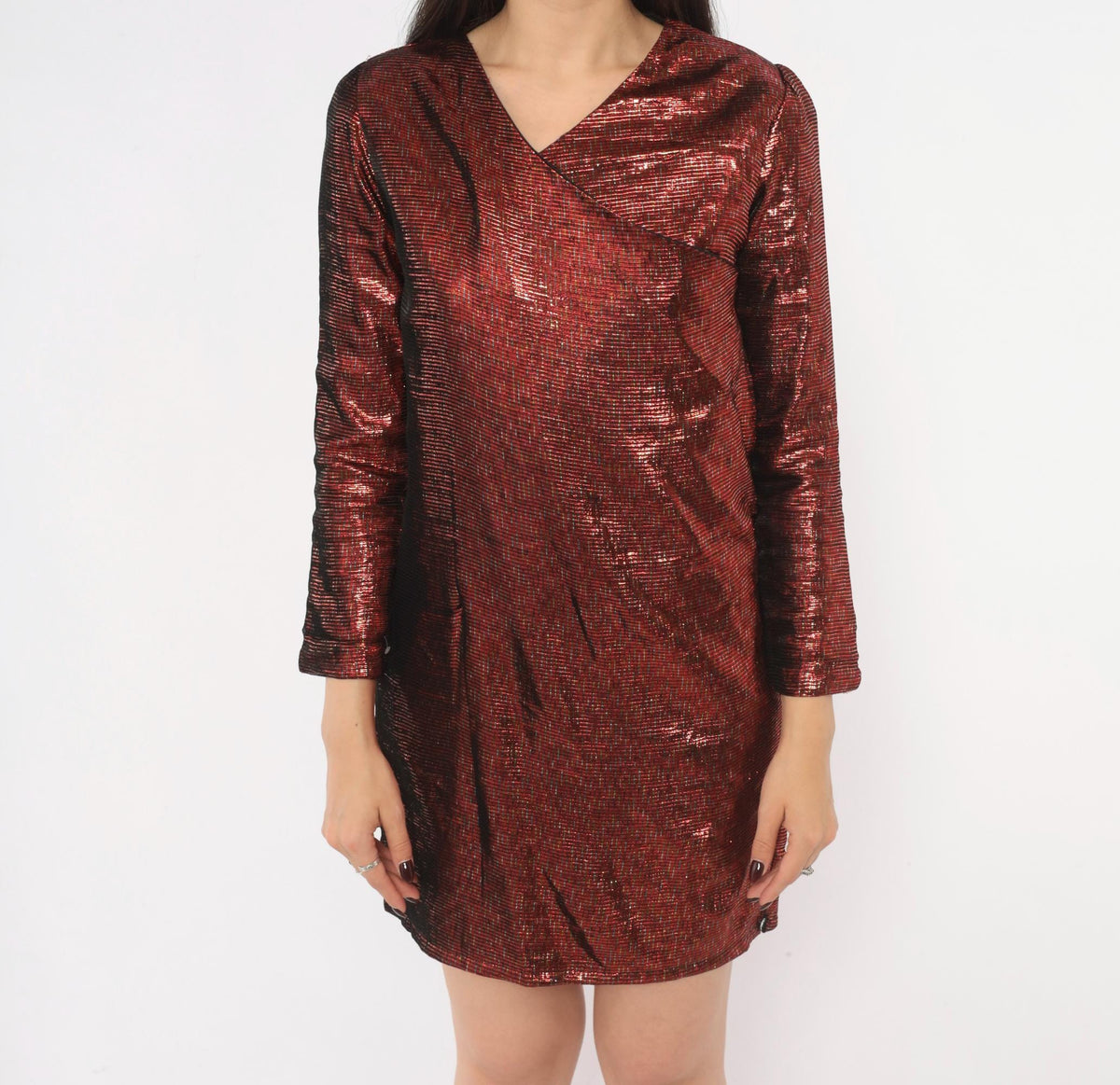 70s Red Gold Metallic Lurex Mini Dress V Neck Wrap Front Long Sleeve Extra Small