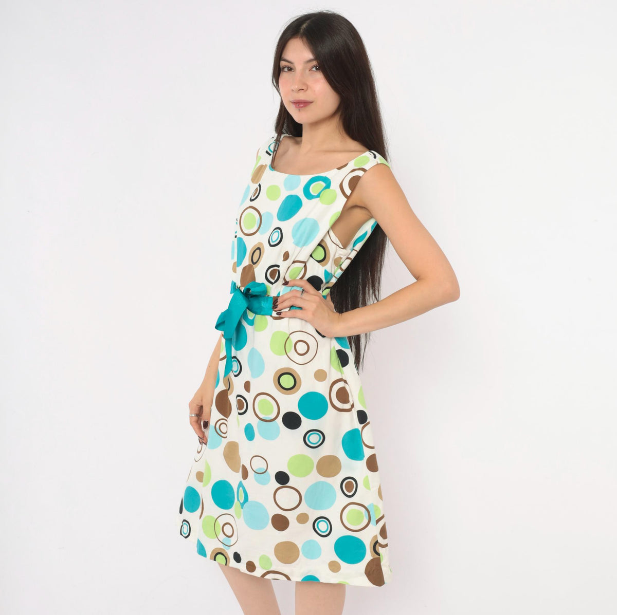 90s Jessica Howard White Polka Dot Sundress Teal Green Brown Knee-Length Large L