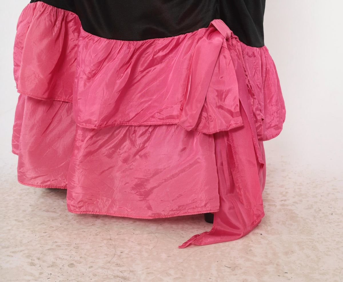 80s Black Satin Maxi Dress Fuchsia Ruffle Cowl Open Back Evening Gown Extra Large