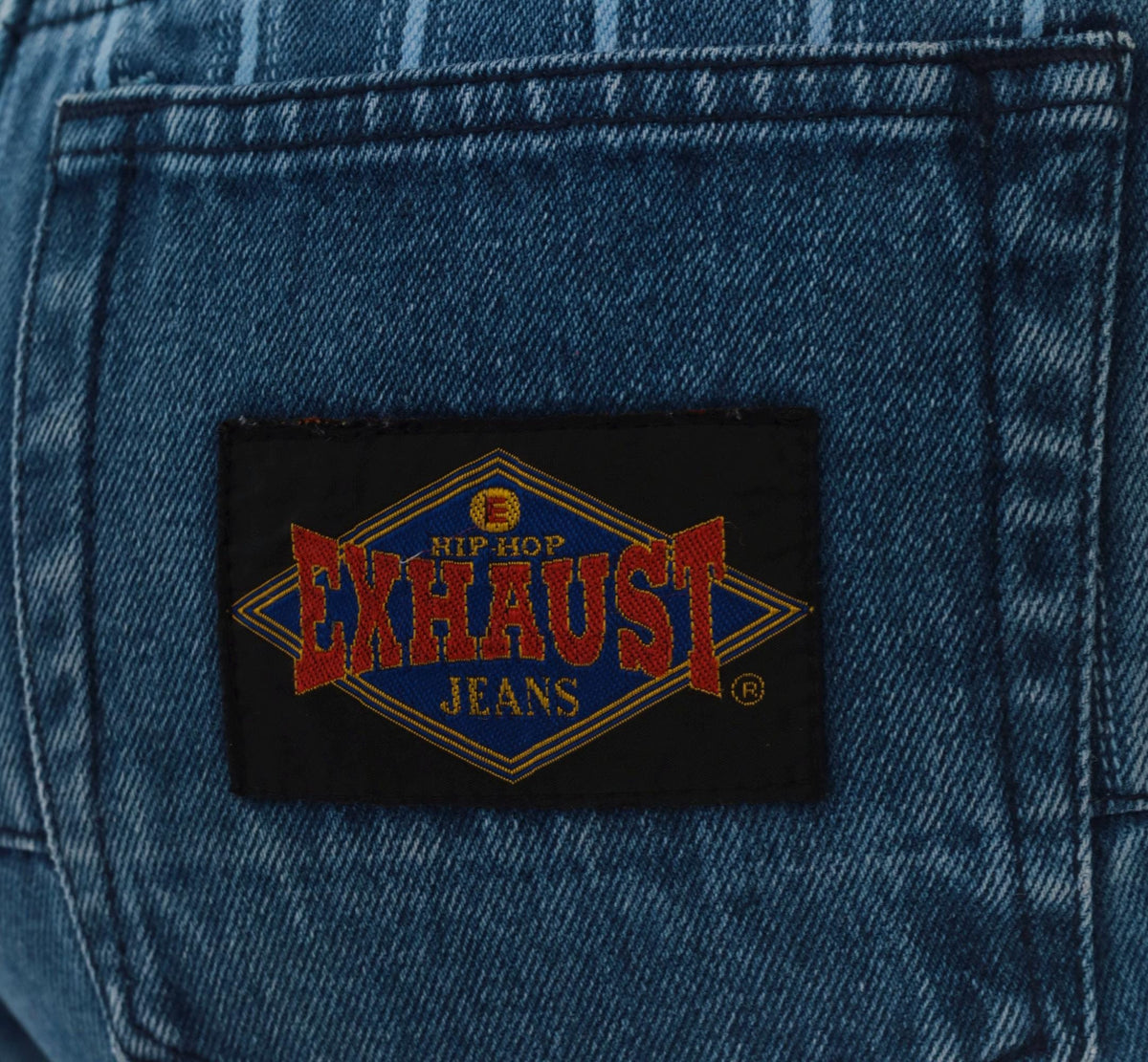 90s Exhaust Jeans Striped Denim Shorts Blue White Vertical Stripe High Waist Knee Length Small S