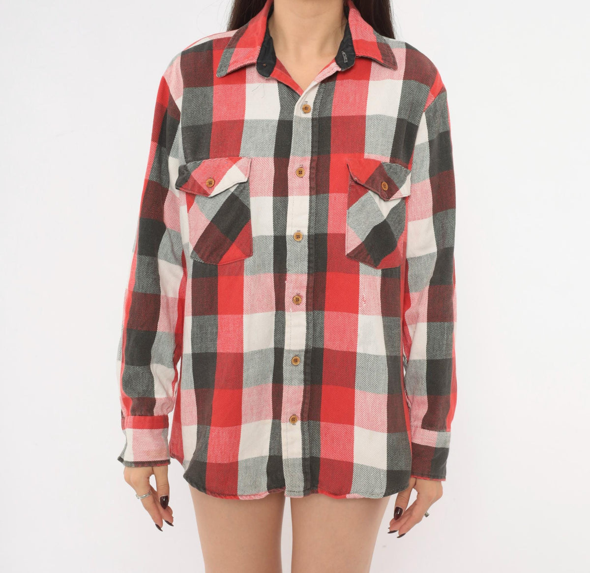 80s Buffalo Plaid Flannel Shirt Red Black White Cotton Button Front Medium
