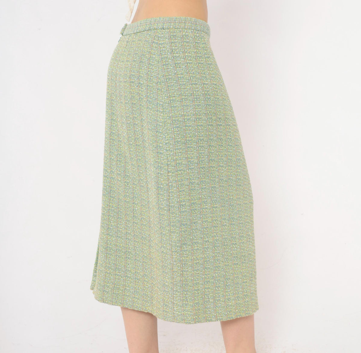 Y2K Green Tweed Midi Skirt Henry Lee Boucle High Waist Pencil Medium M