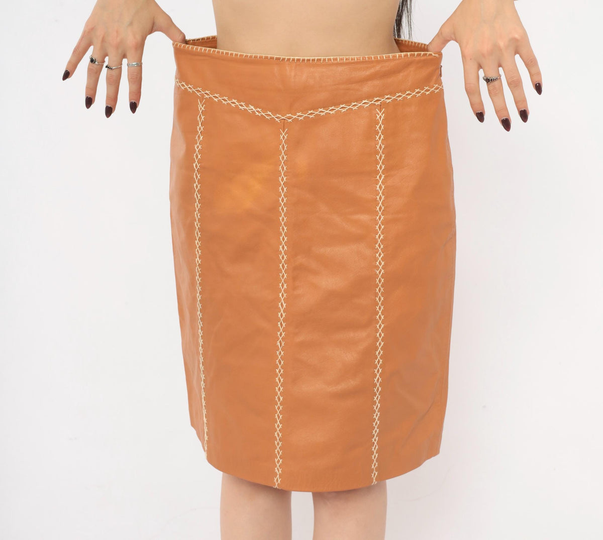 Y2K GAP Tan Leather A-Line Skirt Whipstitch Cream Stitching Small S