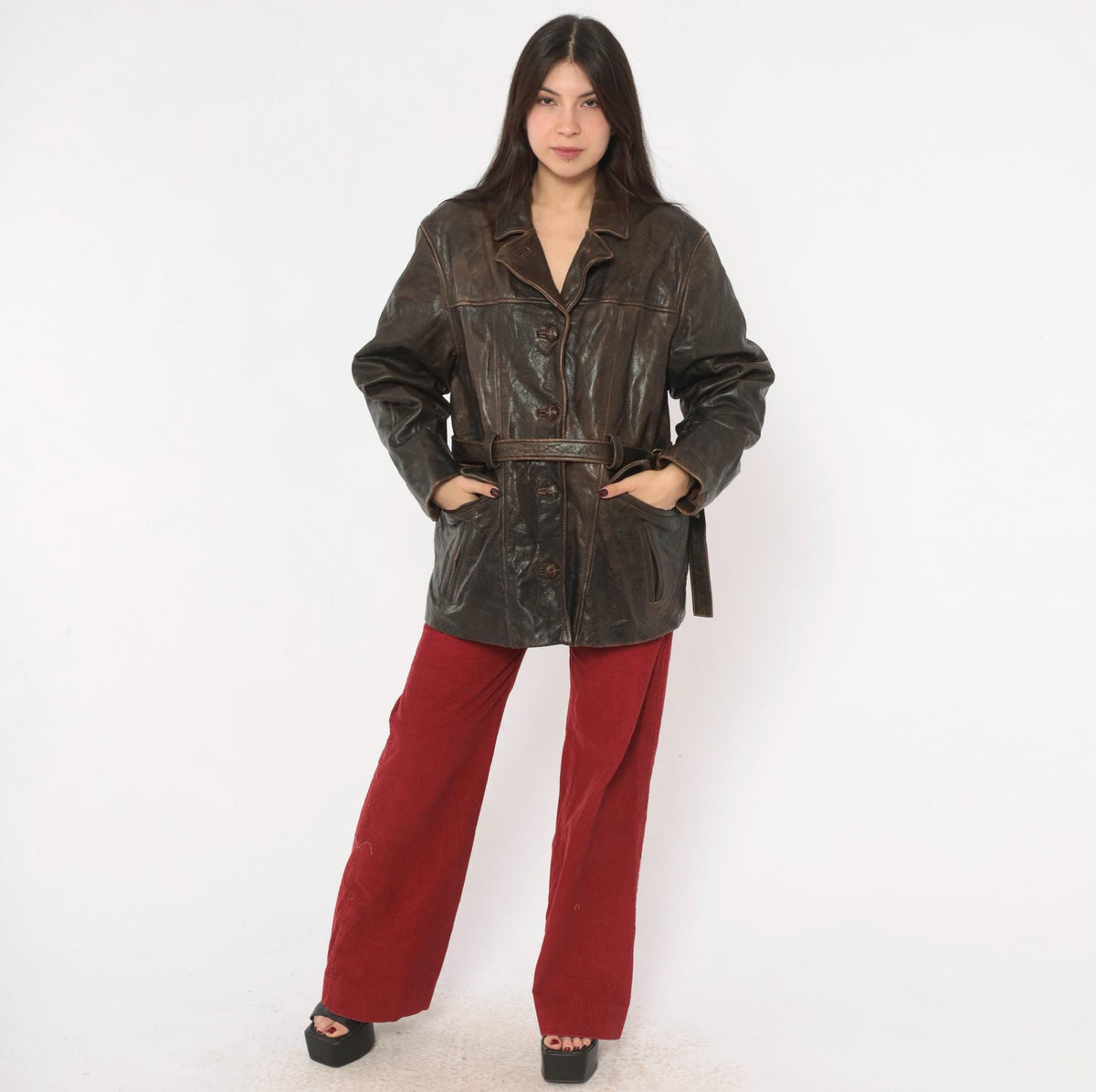 90s Oakwood Brown Leather Jacket Belted Waist Button Front Moto Large