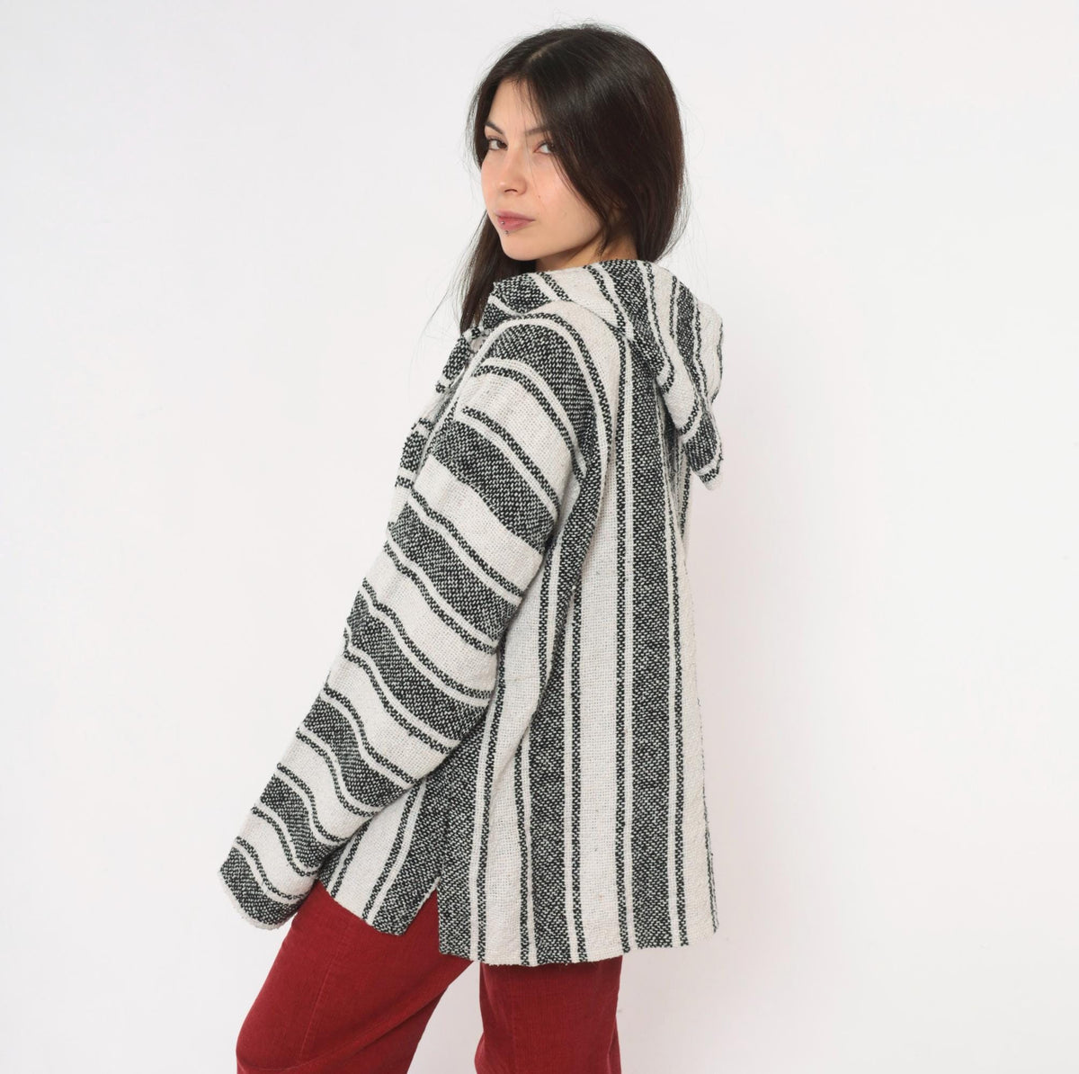 90s Baja Hoodie Black White Striped Woven Pullover Kangaroo Pocket Large L