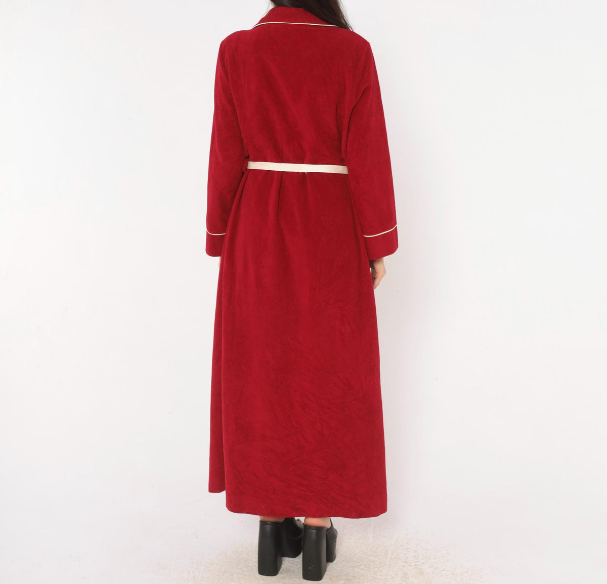 80s Kayser Red Wrap Robe Maxi Dressing Gown White Piping Medium M