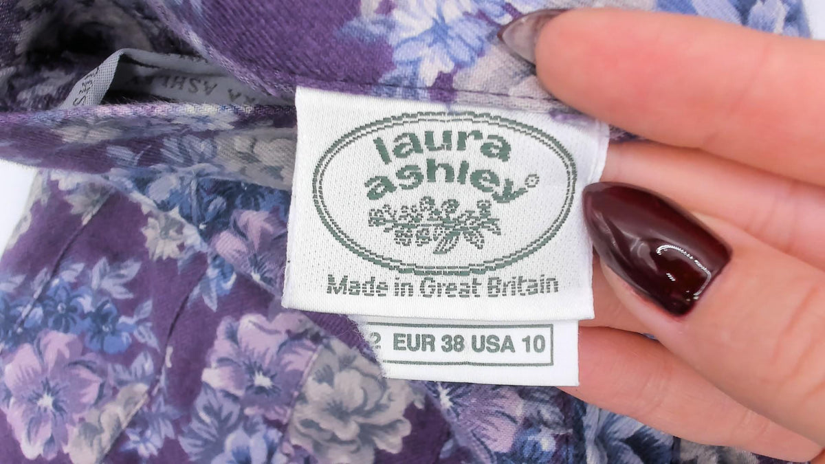 80s Laura Ashley Purple Floral Pleated Skirt High Waist Cotton Wool Small