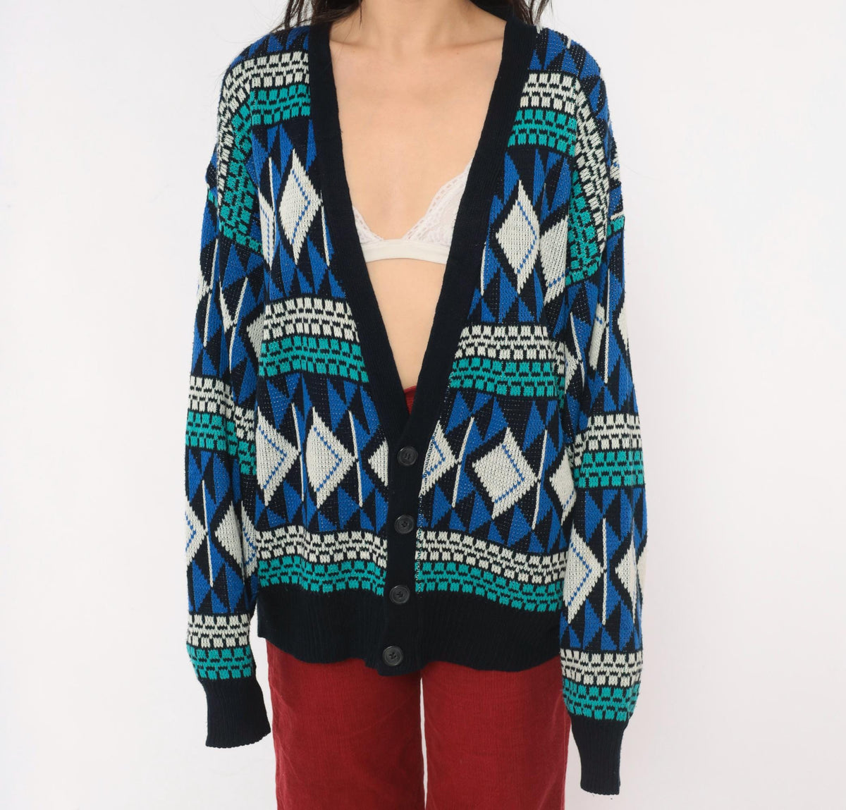90s Sun Set High Way Geometric Knit Cardigan Navy Teal Diamond Fair Isle Large L