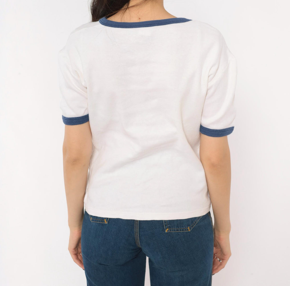 80s Mykonos Greece Ringer Tee White Navy Pelican Windmill Cotton Medium