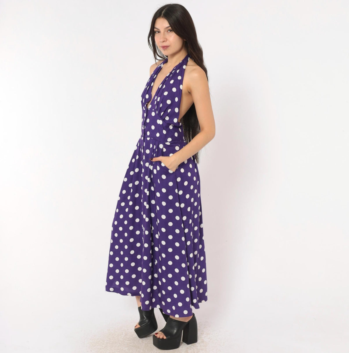 Y2K Purple White Polka Dot Halter Midi Dress Backless Rayon Large