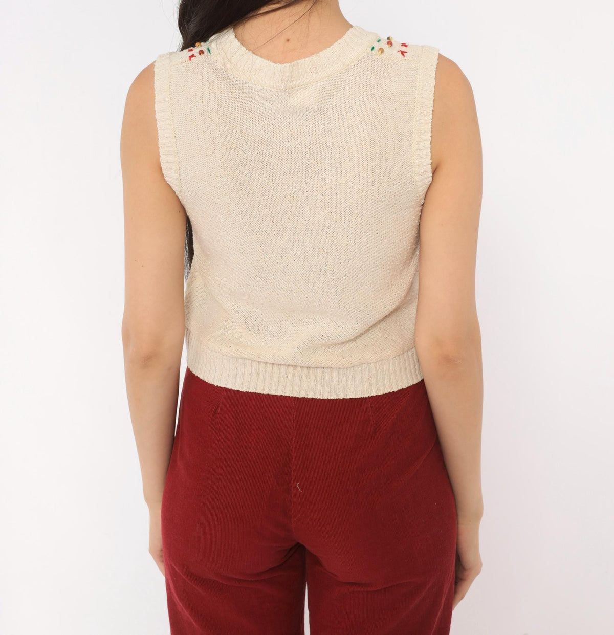 70s Cream Cotton Knit Vest Cross Stitch Embroidered Beaded Neckline Small