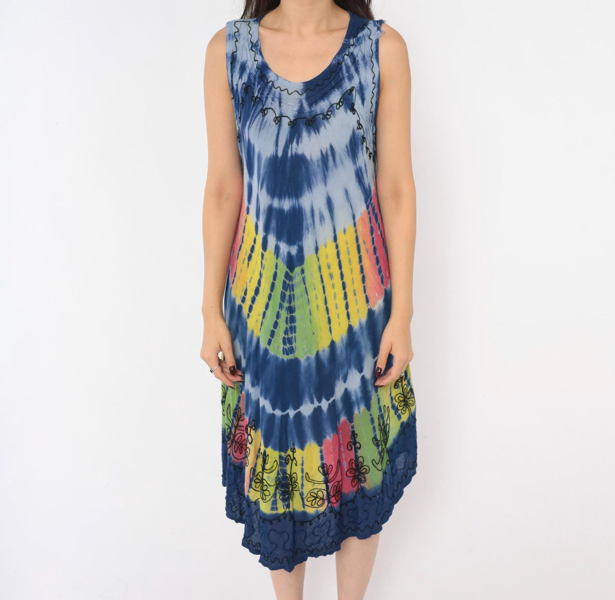 Y2K Tie Dye Sun Dress Blue Rayon Scoop Neck Trapeze Knee Length Small